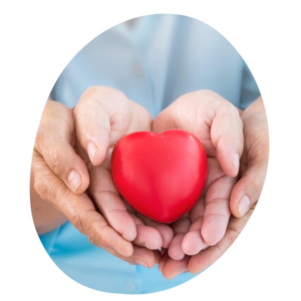 A child's hands in the hands of an adult holding a red foam heart